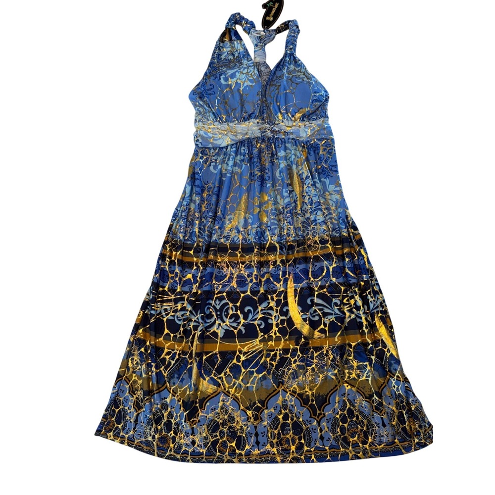 Shoreline Blue Gold Metallic Paisley Halter Maxi Dress Empire Waist S/M 22388S